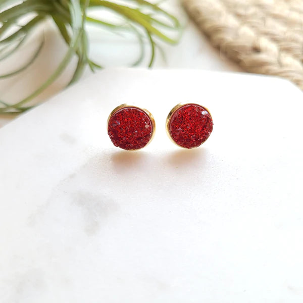 Red Druzy Stud Earrings