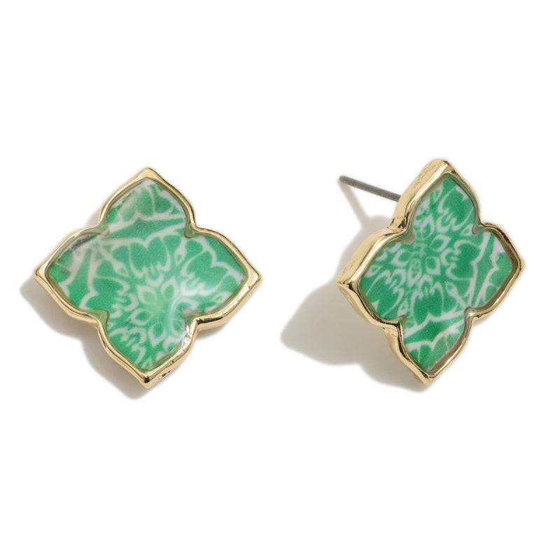 Green Moroccan Print Clover Shape Stud Earring