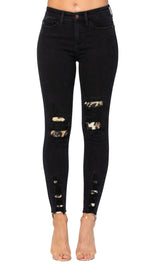 Judy Blue Cats Meow Leopard Patch Distressed Skinny Jeans