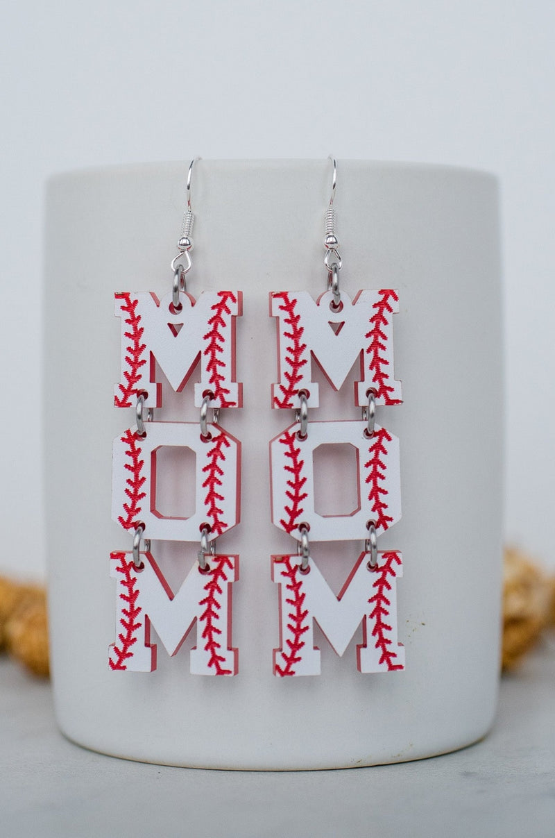 Red & White Baseball Mom Letter Dangles