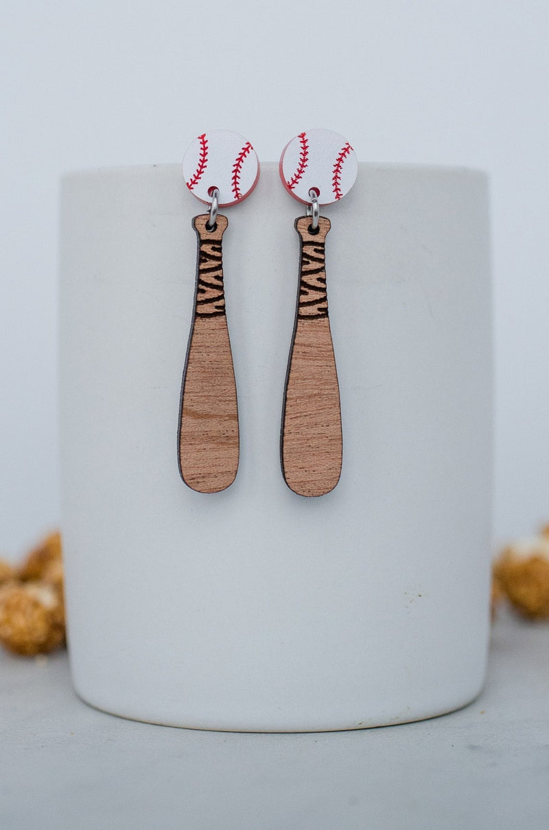 Baseball & Bat Drop Acrylic & Wood Dangles