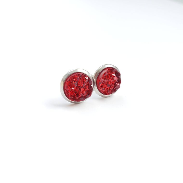 Druzy Stud Earrings - Red